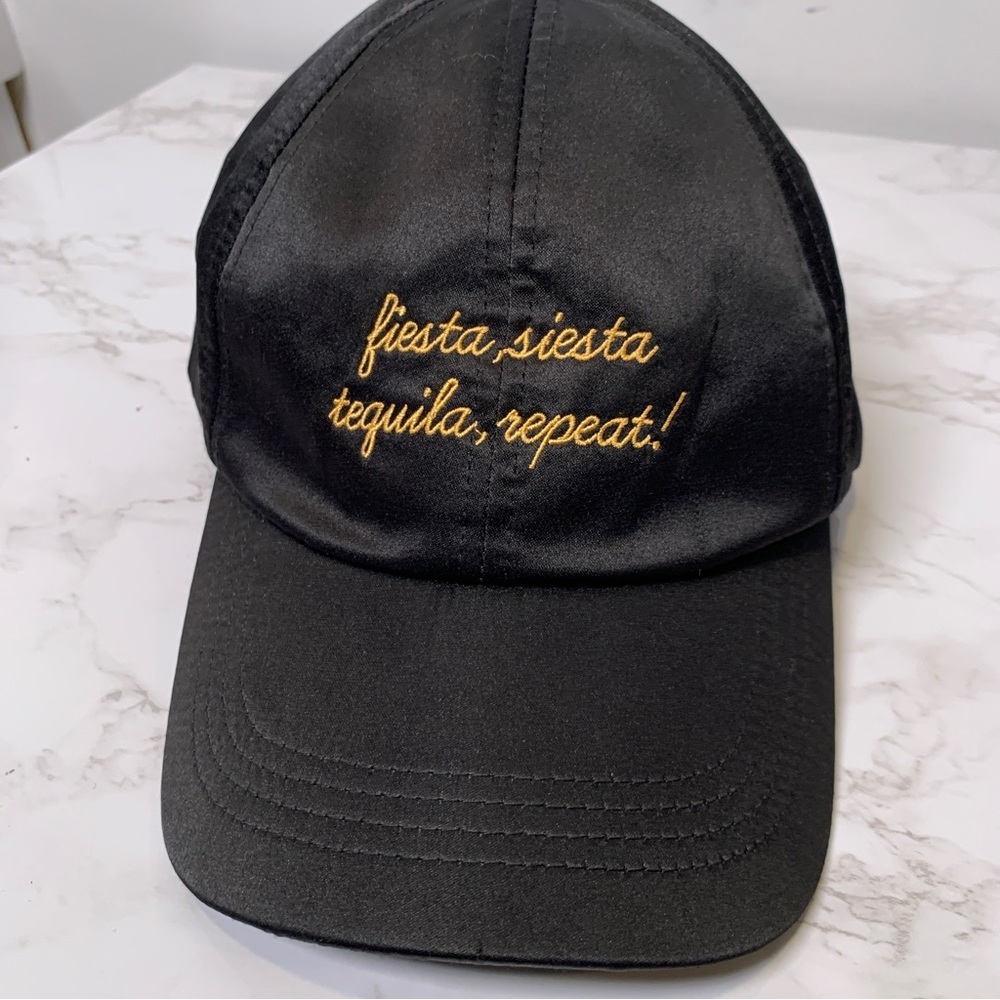 Fiesta Siesta Tequila Repeat Embroidered Black Satin Structured Baseball Cap - Picture 8 of 11